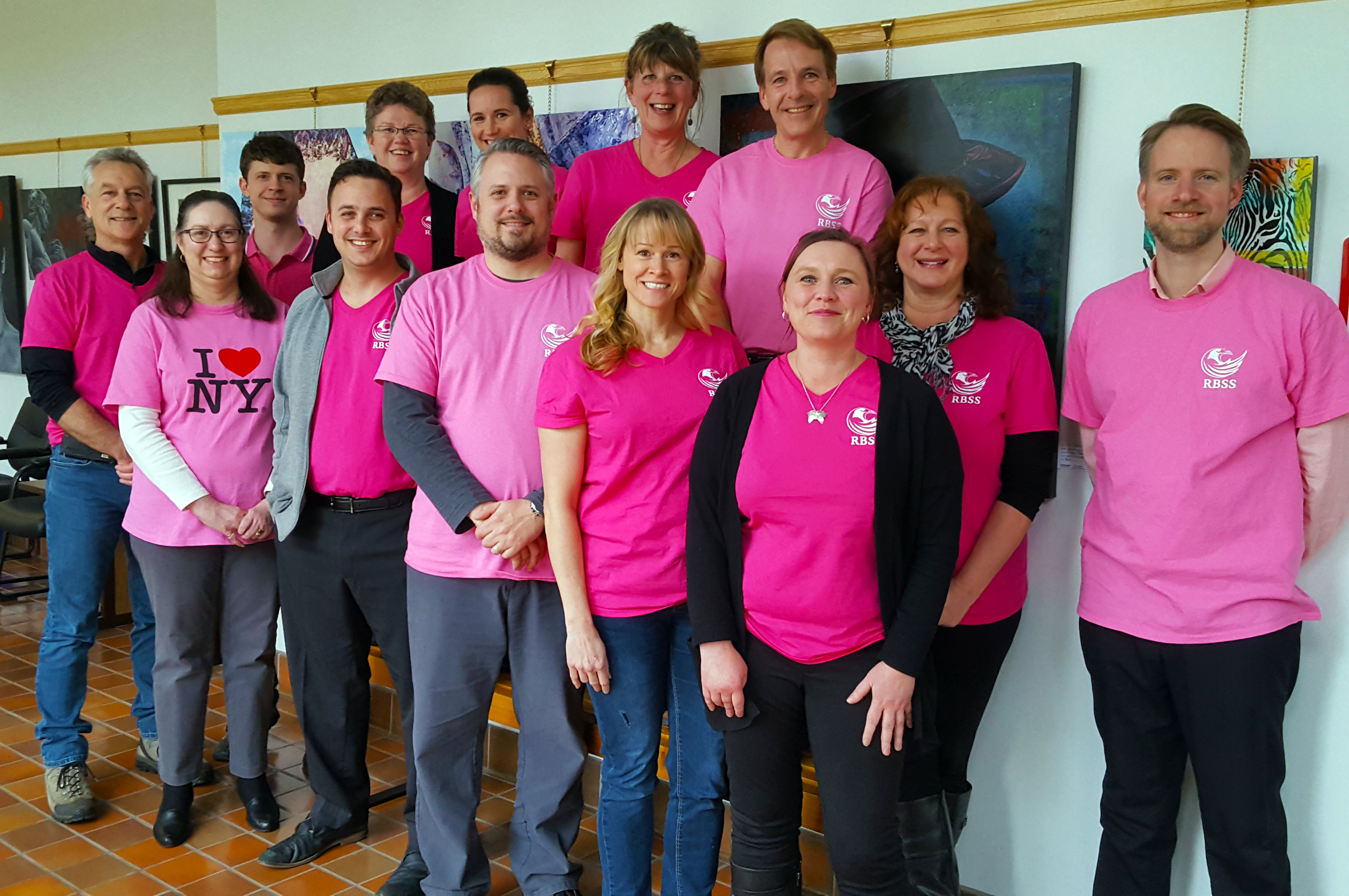 colwood staff on pink shirt day against bullying