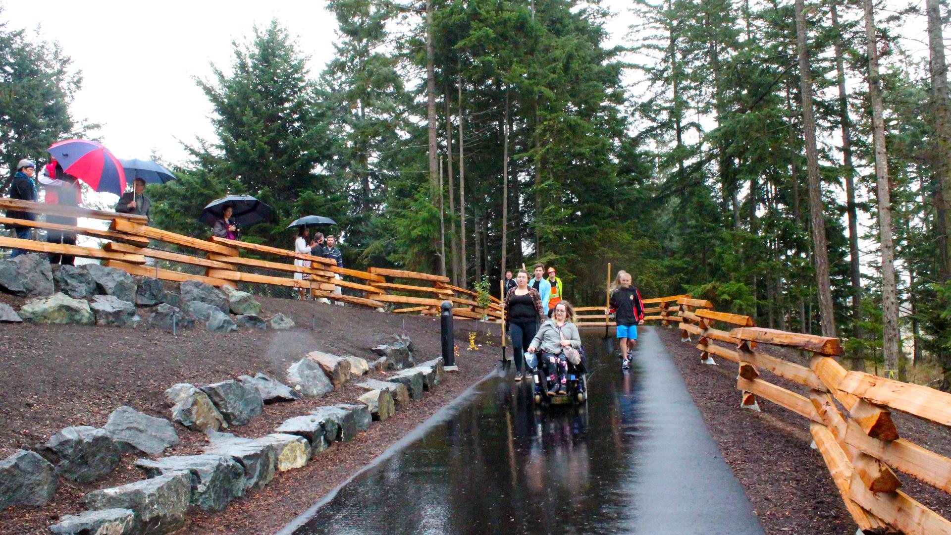 People walking and using wheelchairs on a paved forest trail, some holding umbrellas on a rainy day.