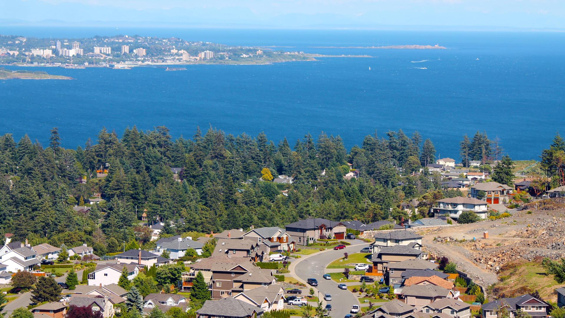 view of homes trees ocean