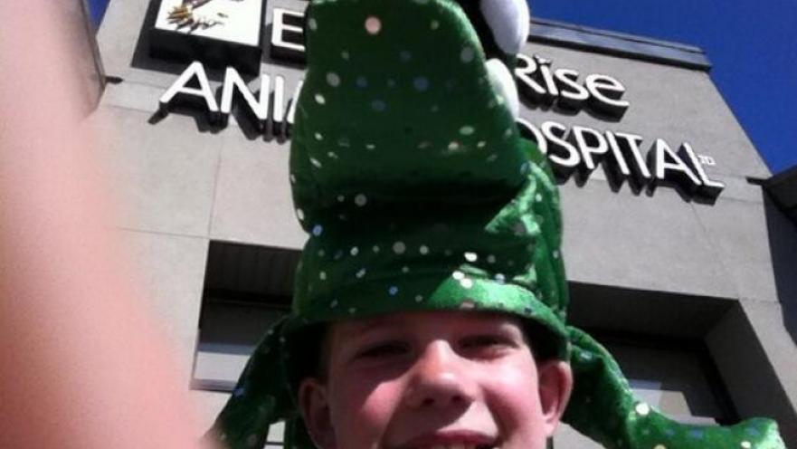 Selfie of a child wearing a dinosaur hat. The subject is standing in front of the exterior of an animal hospital.