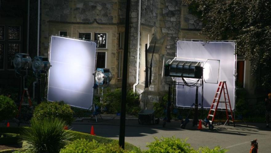 Film lighting equipment outside of Hatley Castle.