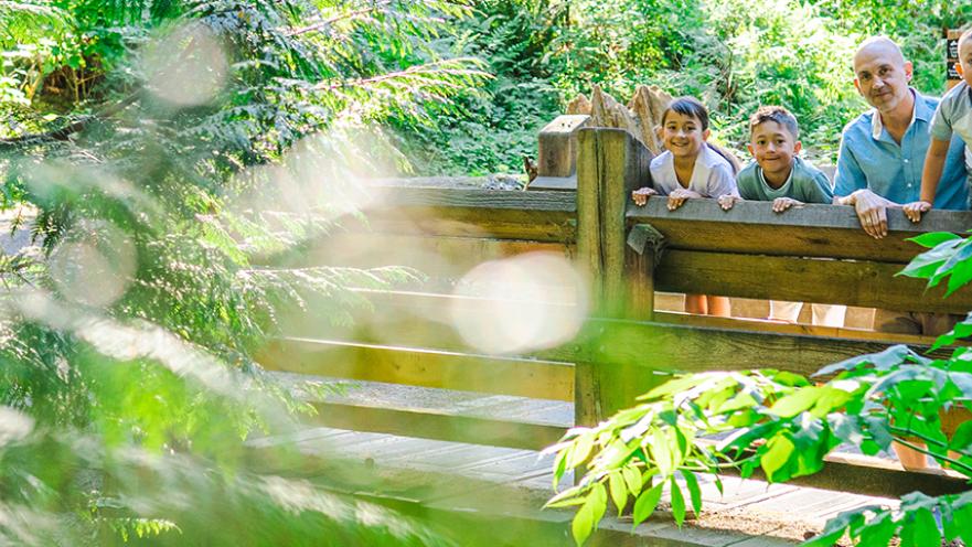 young family on bridge in park with green leaves