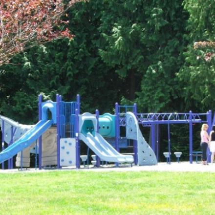 Park area with bright, colourful jungle gym set.