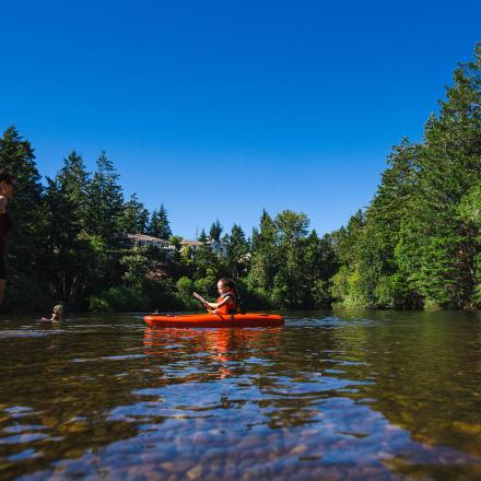 lake trees girl in kayak