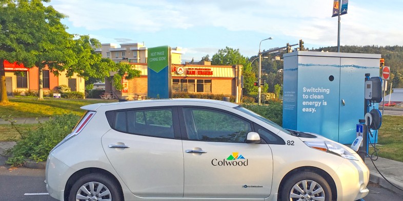 electric car with Colwood logo at ev charging station