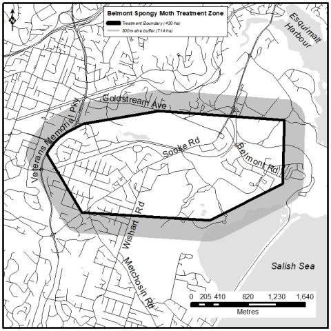 A map highlighting the Belmont Spongy Moth Treatment Zone in Colwood, with boundaries marked along Goldstream Ave, Veterans Memorial Pkwy, Sooke Rd, and Belmont Rd, including a 300-meter buffer zone.