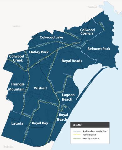 Map of Colwood neighbourhoods, including Colwood Lake, Hatley Park, and Belmont Park.