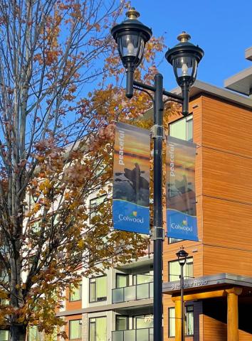 Streetlight banner in Colwood with an image of a person sitting peacefully by the water at sunset, labeled "peaceful."