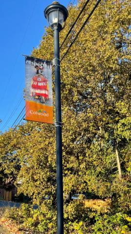 Streetlight banner in Colwood with an image of a person in traditional attire, labeled "respectful."