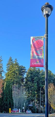 Streetlight banner in Colwood with an image of an art installation, labeled "artful."