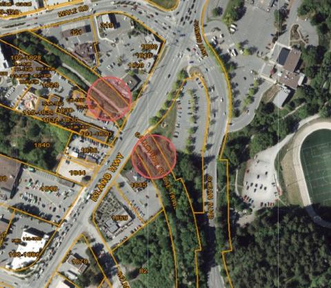 Aerial view of Island Highway and Galloping Goose Trail highlighting two work zones in red circles.