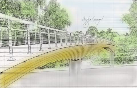 Conceptual sketch of a modern bridge with metal railings and a curved wooden deck, set against a backdrop of lush greenery.