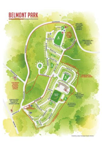 Illustrated map of Belmont Park showing residential housing units, parks, schools, and community centres.