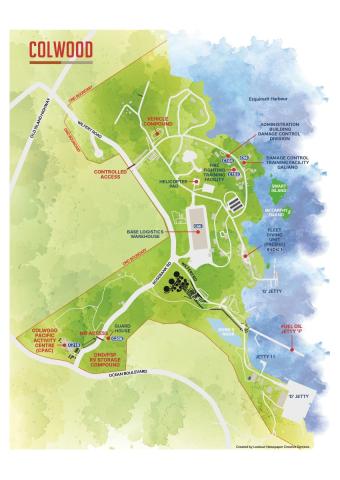 Map of Colwood showing various facilities, including a vehicle compound, logistics warehouse, and jetties.