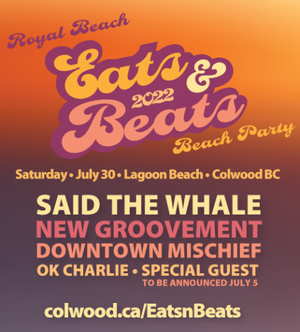 "Eats & Beats 2022 Beach Party" event poster featuring bands and date information.