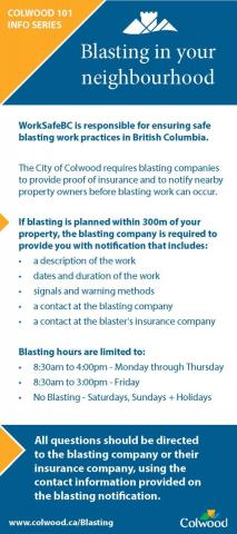 Information poster about safe blasting work practices in Colwood, detailing notification requirements and blasting hours.