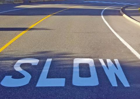 Road with a yellow center line and white "SLOW" lettering painted on the asphalt, indicating a speed reduction zone.