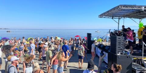 Outdoor beach concert with a crowd of people dancing and enjoying the music. A band performs on a stage to the right, and the audience is spread out on the sandy shore with umbrellas and boats visible in the background under a clear blue sky.