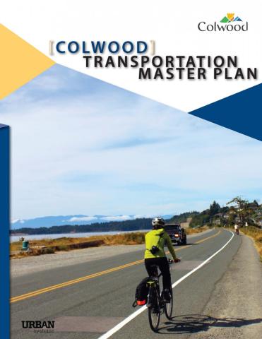 Cover of the Colwood Transportation Master Plan featuring a cyclist riding on a road along a scenic coastline with mountains in the background.