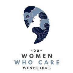 Logo of 100+ Women Who Care Westshore featuring a stylized profile of a woman's face with waves and clouds in shades of blue.