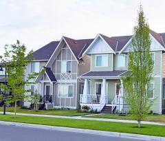 A row of modern suburban homes with neatly landscaped front yards and young trees along the sidewalk.