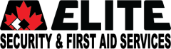 Logo of Elite Security & First Aid Services, featuring stylized maple leaf and medical symbols.