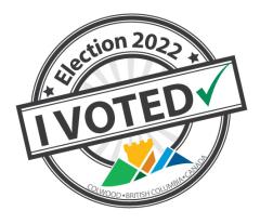 "I Voted" sticker for the 2022 Colwood election featuring a checkmark and Colwood's logo.