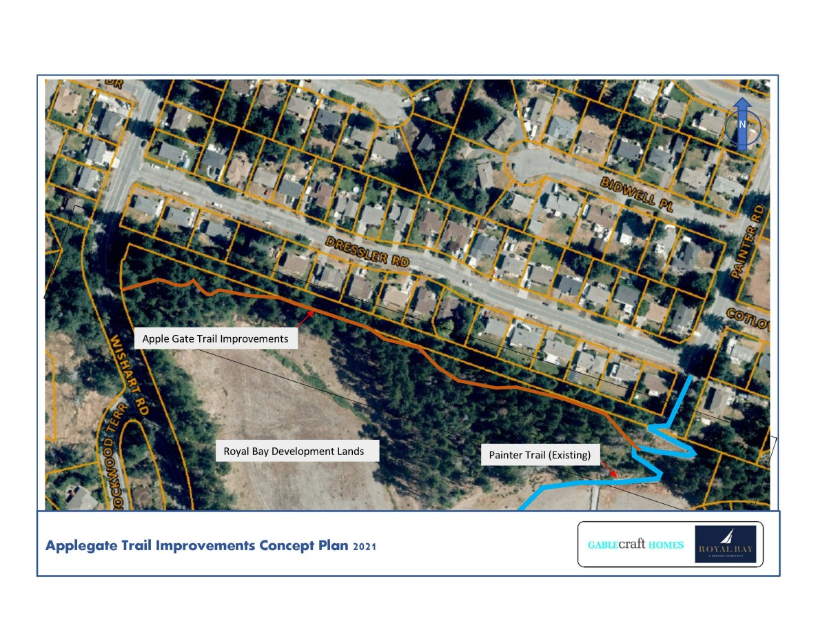 Satellite map detailing the Applegate Trail Improvements Concept Plan 2021, highlighting Apple Gate Trail improvements and the existing Painter Trail in a residential area.