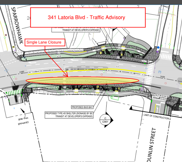 Traffic advisory map for 341 Latoria Blvd indicating a single lane closure. The map highlights Sparrowhawk Street and Doulin Street with a proposed bus bay and type 45 shelter.