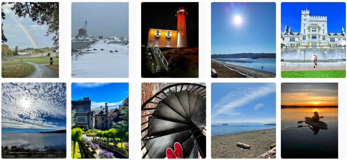 Collage of ten images including a rainbow over a park, a snowy lighthouse, a lighthouse at night, a bright sunny sky over a lake, Hatley Castle, a picturesque sky over water, a spiral staircase, a beach view, and a person kayaking at sunset.