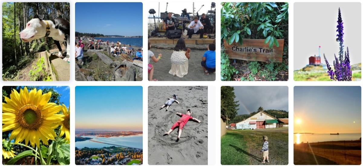 Collage of ten images featuring a dog on a trail, a crowded beach, a live music performance, a trail sign, a lupine flower, a sunflower, an aerial view of a coastline, children playing on a sandy beach, a child looking at a rainbow, and a sunset over a bay.