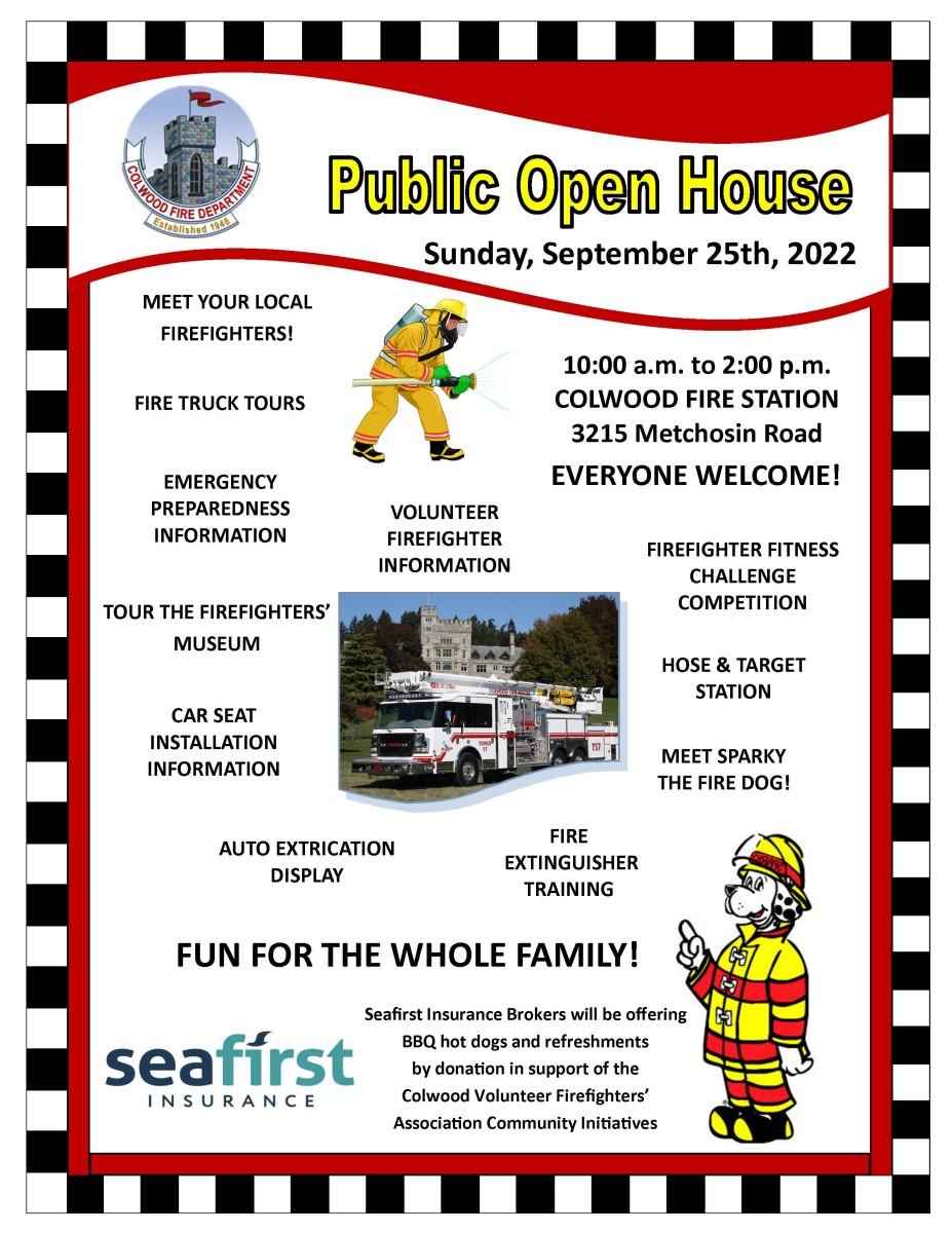 Public Open House poster for Colwood Fire Station on Sunday, September 25th, 2022, from 10:00 a.m. to 2:00 p.m.