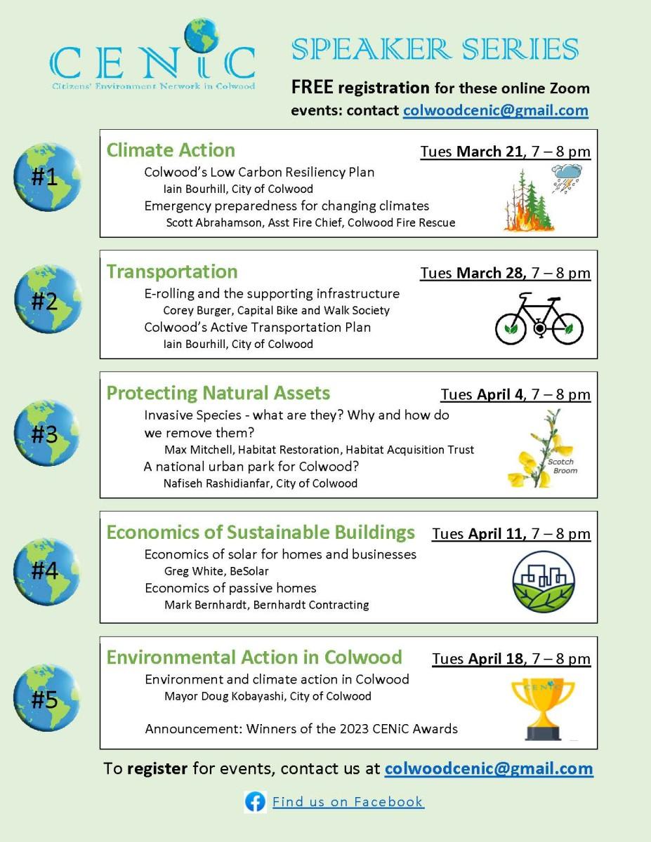 CENiC Speaker Series poster listing free Zoom events on topics like Climate Action, Transportation, Protecting Natural Assets, Economics of Sustainable Buildings, and Environmental Action in Colwood