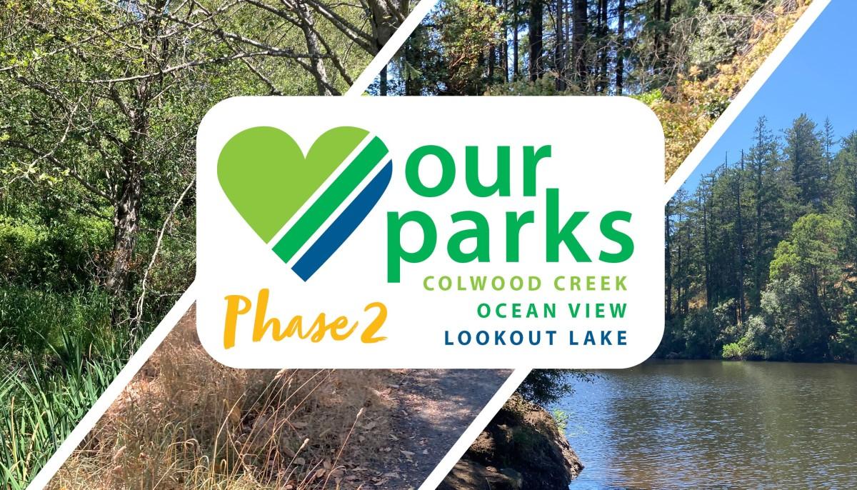 "Our Parks Phase 2" initiative, featuring images of Colwood Creek, Ocean View, and Lookout Lake parks.