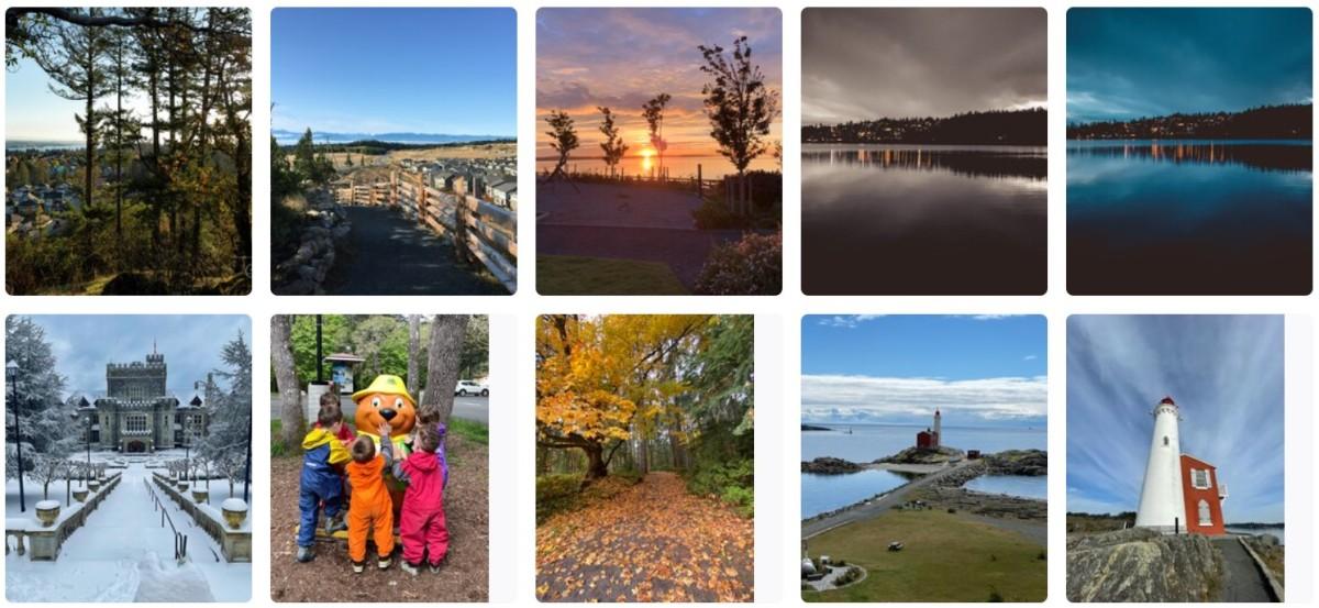 Collage of ten scenic photos including forest views, sunset over the ocean, a calm lake, Hatley Castle in the snow, children around a forest mascot, a lighthouse, and a colourful autumn pathway.