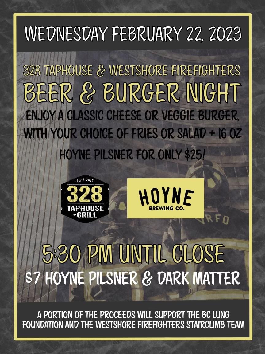 Promotional flyer for the "Beer & Burger Night" on February 22, 2023, at 328 Taphouse & Grill, featuring Hoyne Brewing Co., with proceeds supporting the BC Lung Foundation and Westshore Firefighters Stairclimb Team.