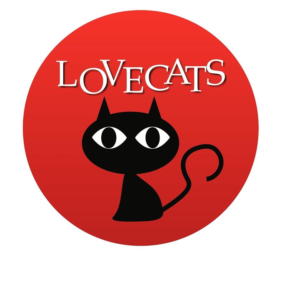 Lovecats logo featuring a stylized black cat with large eyes on a red circular background.