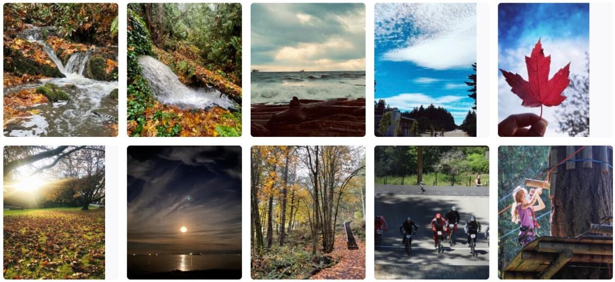 Collage of ten nature photos featuring waterfalls, ocean waves, blue skies, a red maple leaf, a sunlit park, a moonlit night, a forest trail, cyclists on a track, and a child on an outdoor climbing structure.