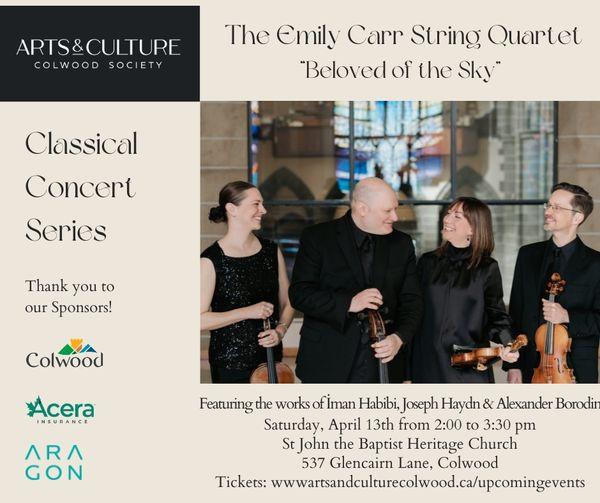 Emily Carr String Quartet classical concert series event poster for April 13th, featuring a photo of the quartet and event details at St John the Baptist Heritage Church in Colwood.