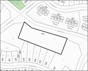 Map highlighting property lot 641 within a residential area bordered by Latoria Road and Medalist Avenue, showing surrounding lots and streets.