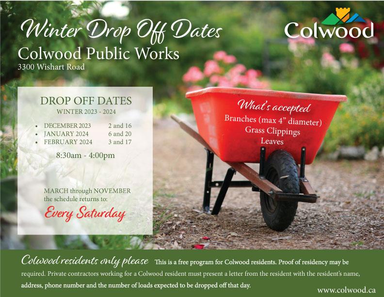 Event poster for Colwood's Winter Drop Off Dates at Colwood Public Works, featuring a red wheelbarrow and a list of accepted items and dates.