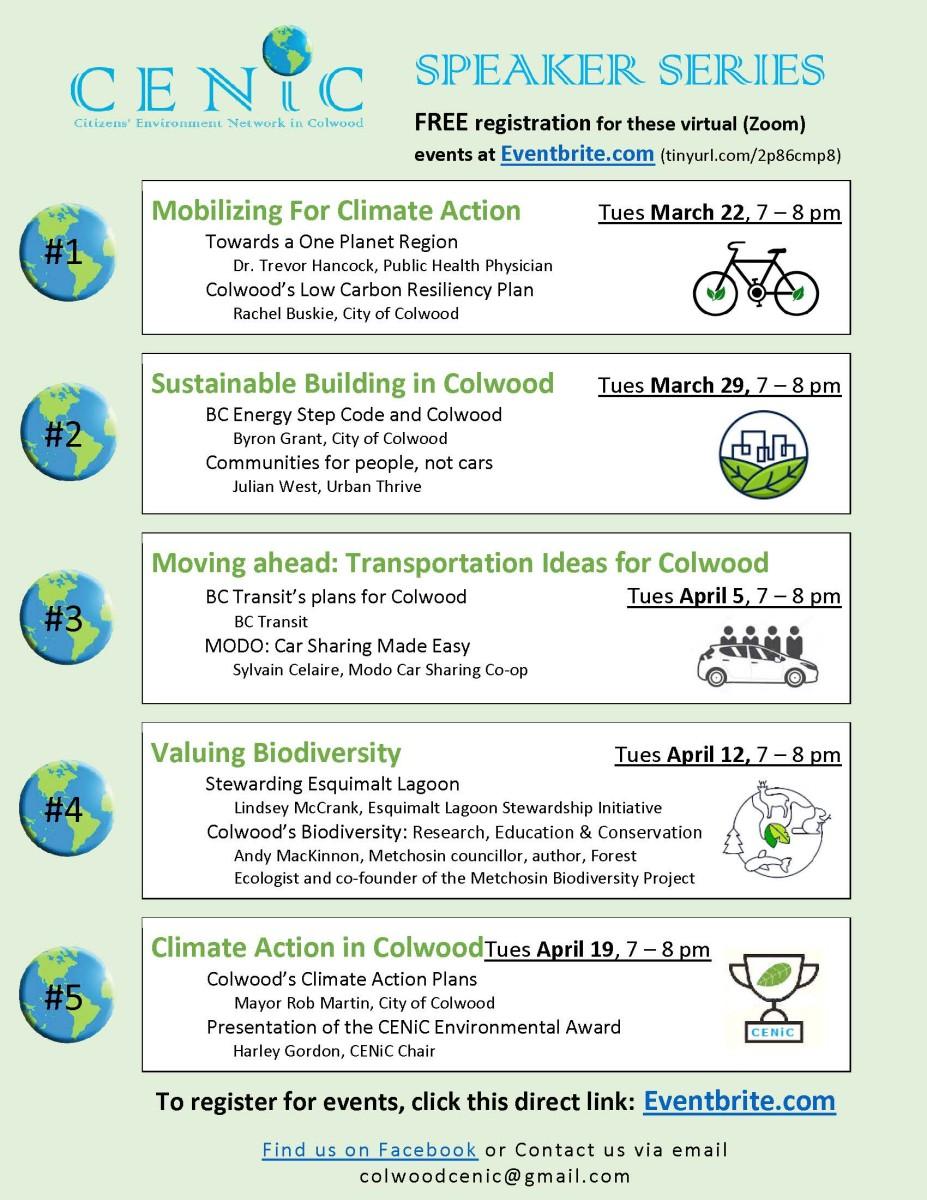 CENiC speaker series flyer detailing virtual events on climate action, sustainable building, transportation, biodiversity, and climate action plans for Colwood.