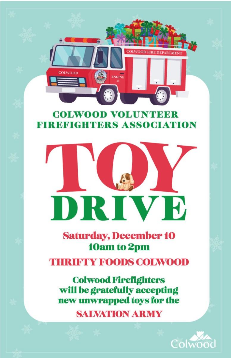 Flyer for Colwood Volunteer Firefighters Association Toy Drive on December 10 at Thrifty Foods Colwood.