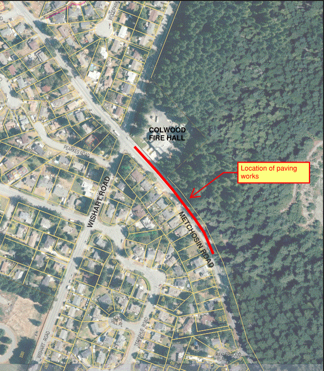 Map showing the location of paving works on Metchosin Road, highlighted in red, near the Colwood Fire Hall and surrounding residential area.