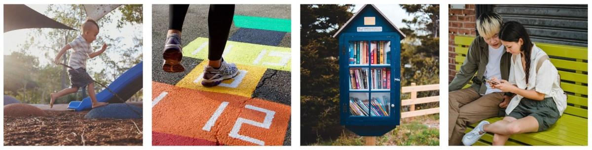 Collage of four images: a child running in a playground, a person stepping on a colorful hopscotch game, a little free library filled with books, and a couple sitting on a yellow bench looking at a phone together.