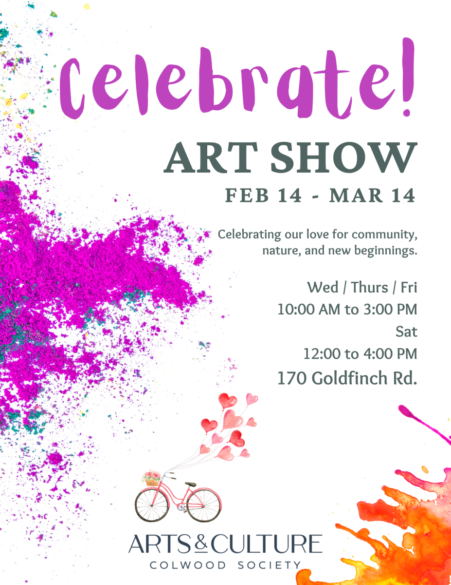 Colourful art show poster titled "Celebrate!" for an event running Feb 14 - Mar 14, with splashes of paint and a bicycle illustration.