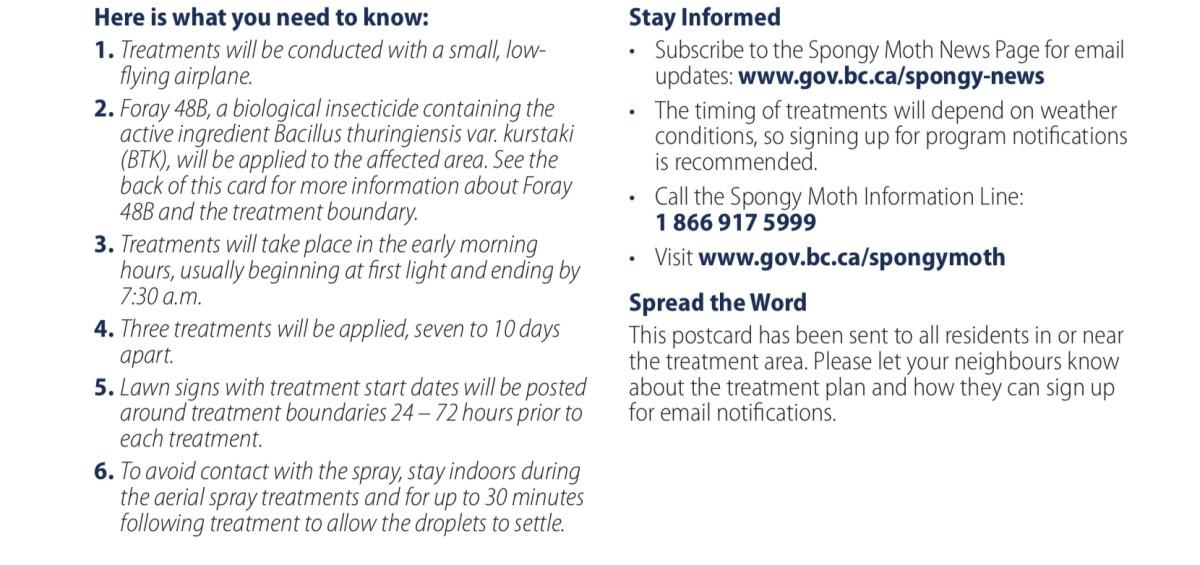 Informational card detailing the spongy moth treatment process, including the use of Foray 48B and steps to stay informed and spread the word.