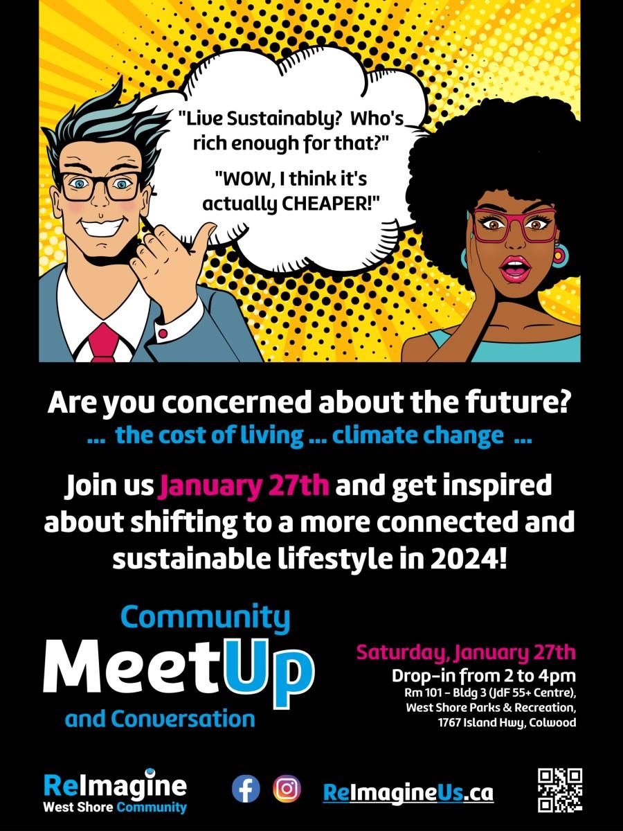 Comic-style poster for a Community MeetUp and Conversation event on January 27th about sustainable living and climate change, organized by ReImagine West Shore Community.