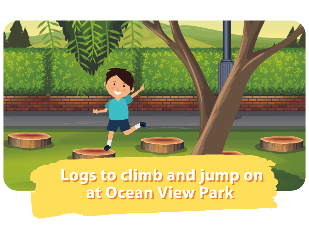 Illustration of a child jumping on tree stumps at Ocean View Park with a lush green background.