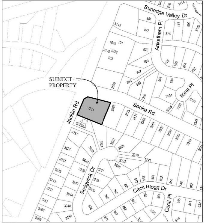 Map highlighting the subject property at the intersection of Jacklin Road and Sooke Road.